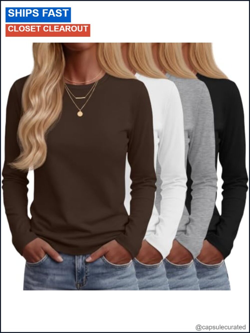 Women's Long Sleeve Crew Neck T-Shirts Relaxed Fit 4-Pack